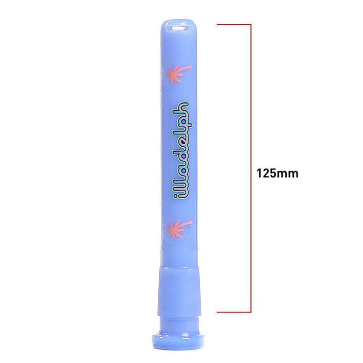illadelph mini og downstem in south beach blue shown with 125mm height indicator and printed logo emphasizing the precision blown 14mm to 18mm joint fit for mini delph glass