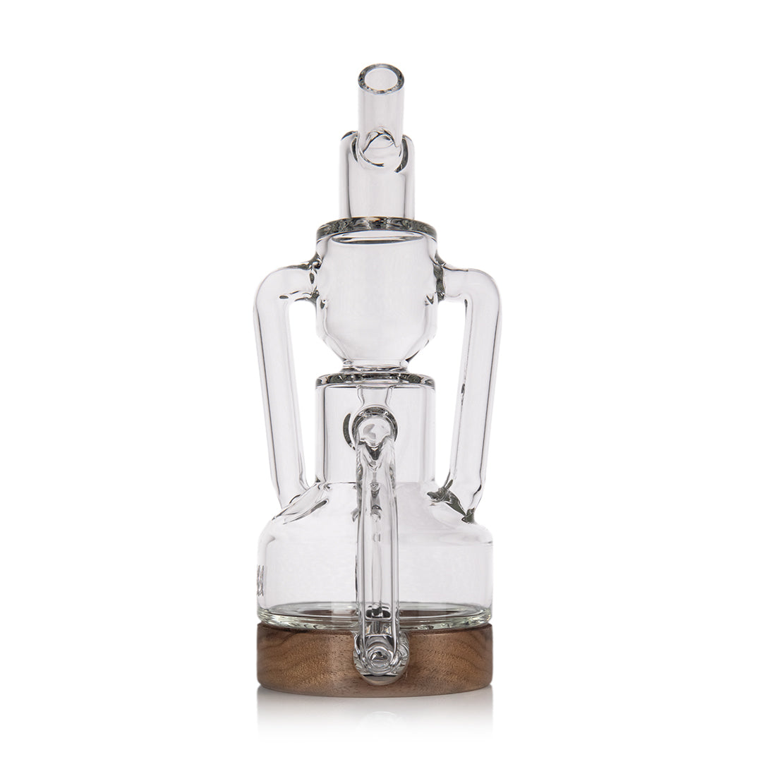 MJ Arsenal Apex Mini Rig Alpine Series, angled view glass body and walnut accent