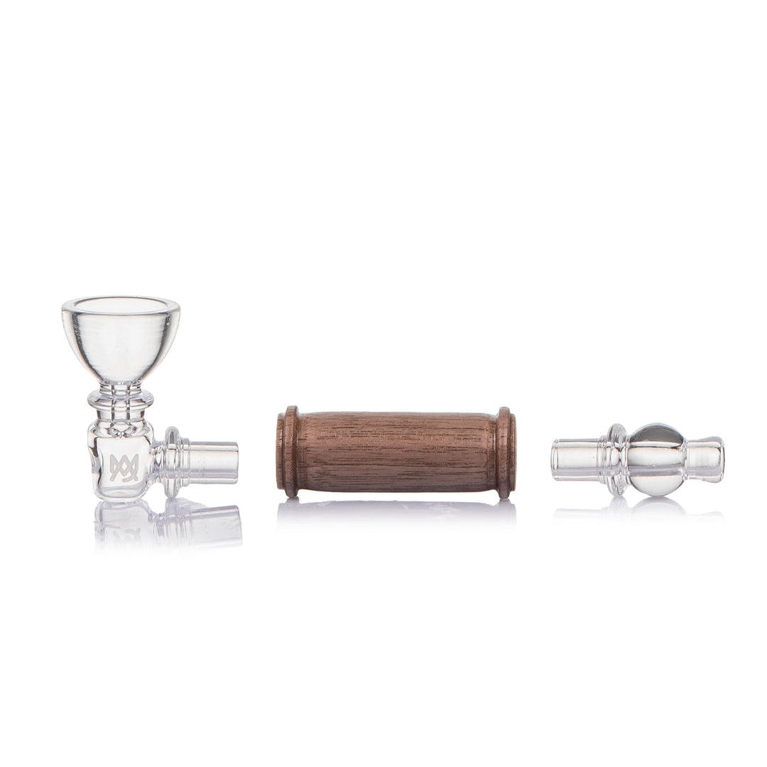Exploded view of the MJ Arsenal Creek Hand Pipe, showing the walnut sleeve separated from the glass airpath
