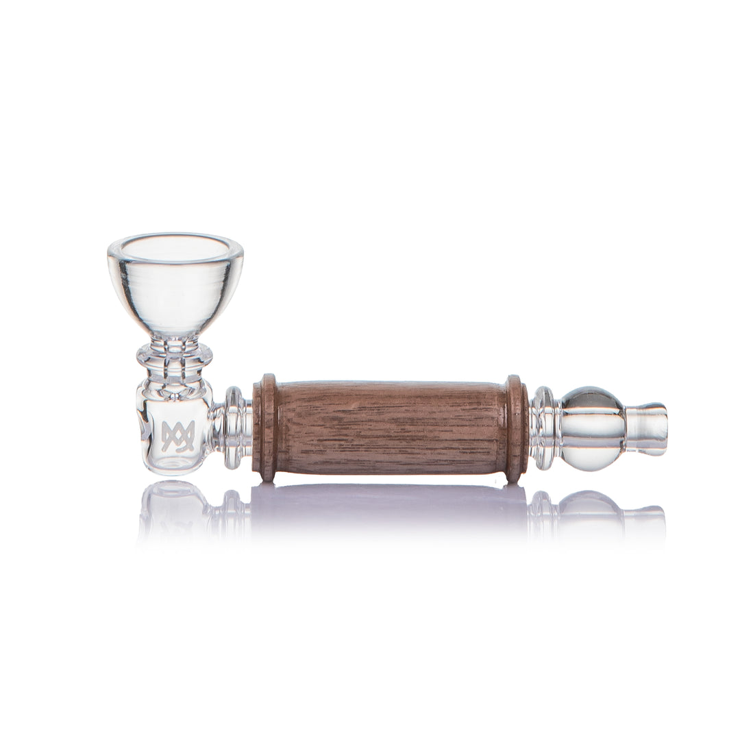 MJ Arsenal Creek Hand Pipe from the left, showing the walnut wood sleeve wrapped around the borosilicate glass body