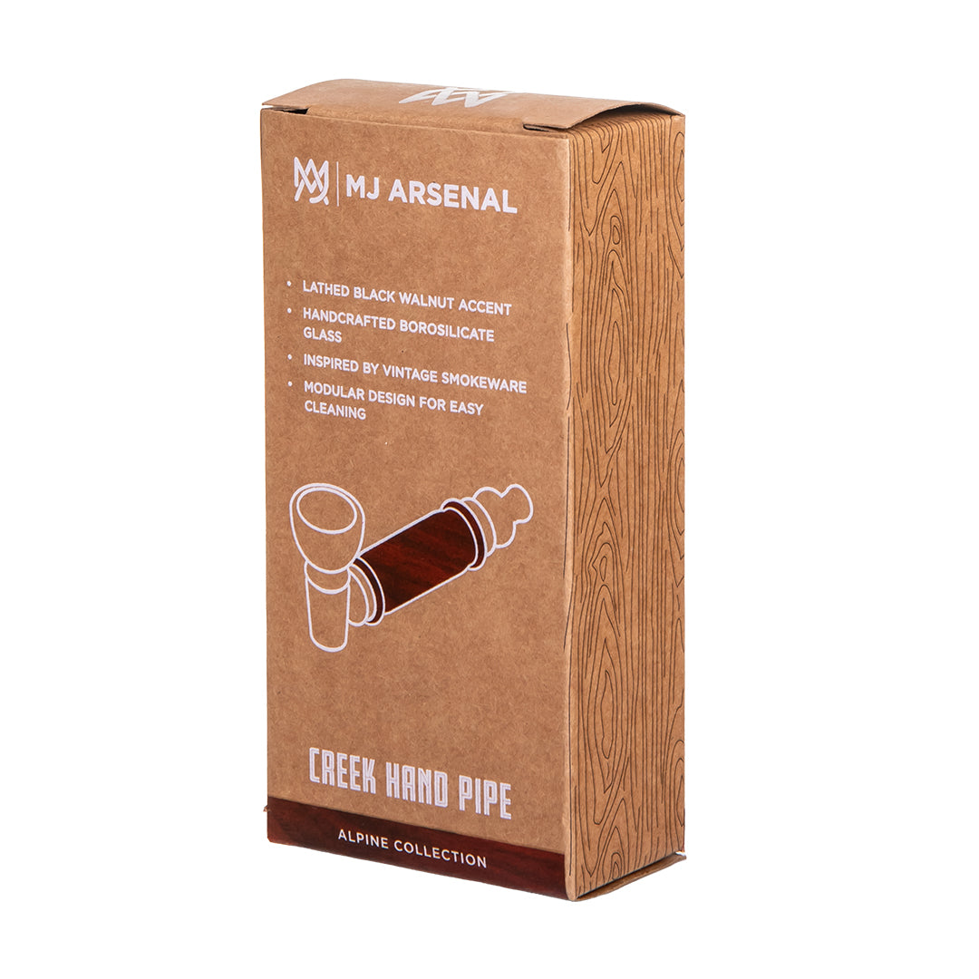 Back of the MJ Arsenal Alpine Collection retail packaging for the Creek Hand Pipe