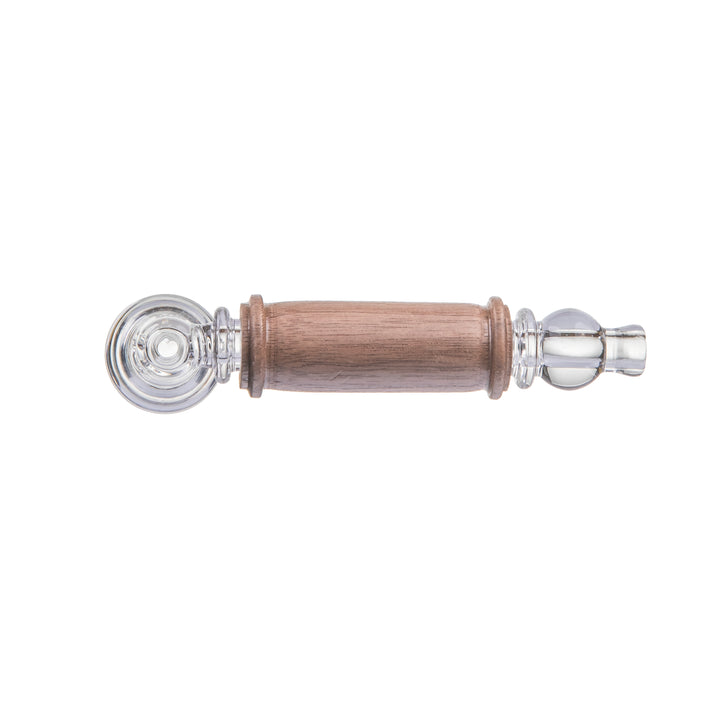 Underside of the MJ Arsenal Creek Hand Pipe, showing how the walnut sleeve meets the glass