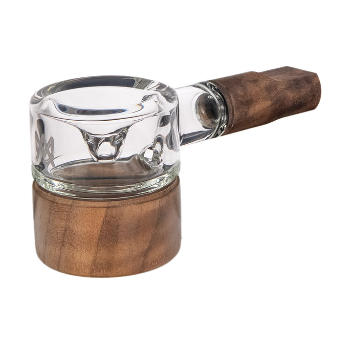 MJ Arsenal Granby Hand Pipe Alpine Series, borosilicate glass pipe with walnut base, hero shot
