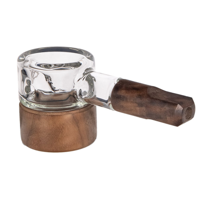 MJ Arsenal Granby Hand Pipe Alpine Series, angled view glass bowl and walnut accent