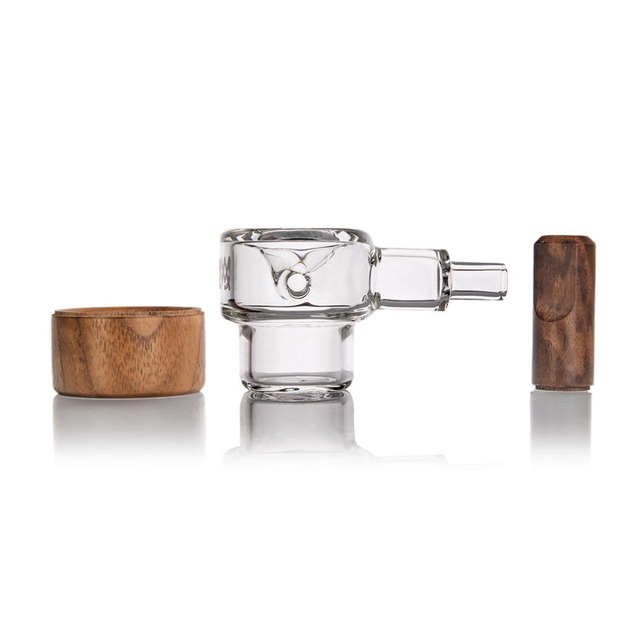 MJ Arsenal Granby Hand Pipe Alpine Series, disassembled view glass insert and wood base