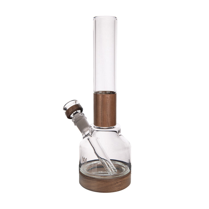 MJ Arsenal Alpine Palisade Water Pipe, angled view glass body and wooden base