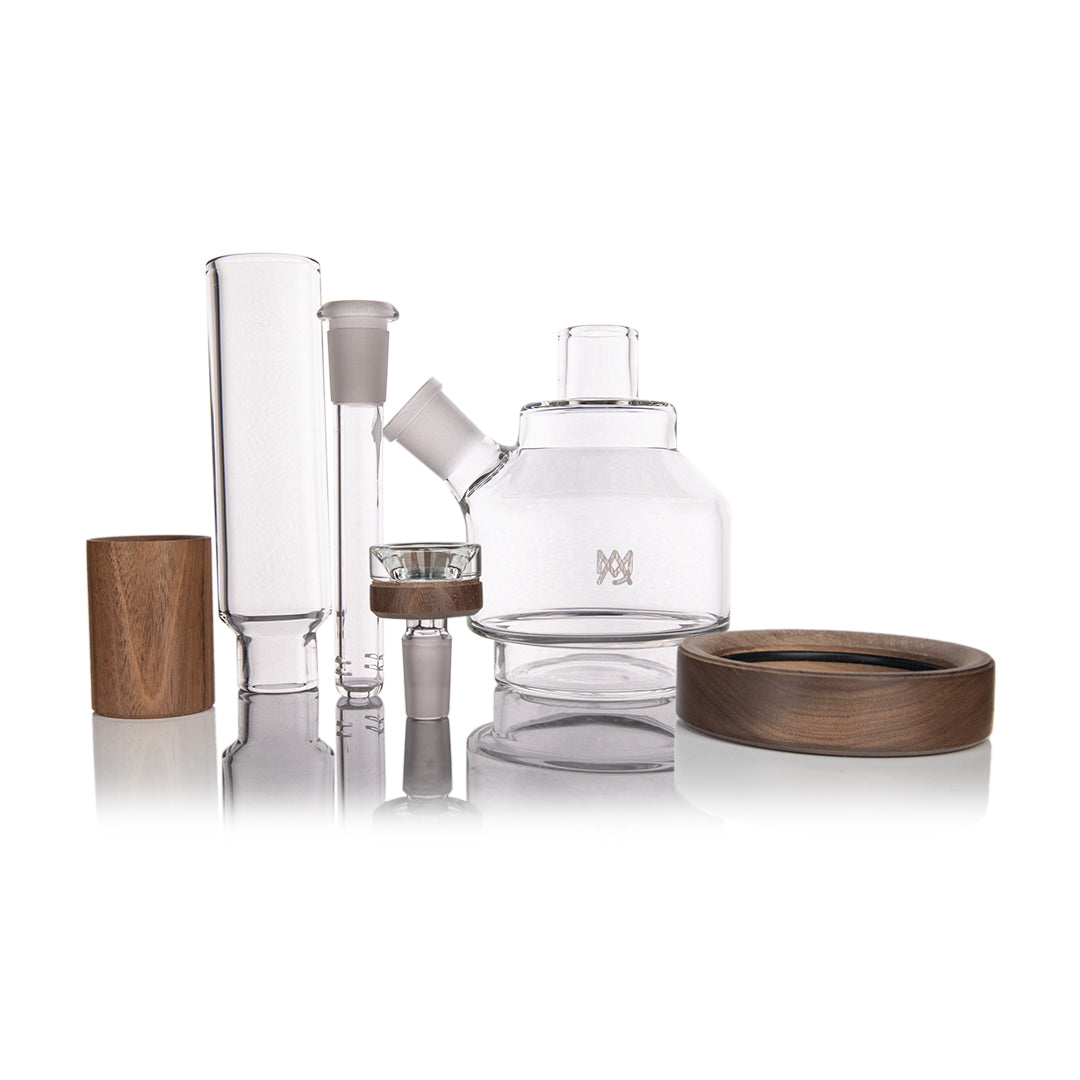 MJ Arsenal Alpine Palisade Water Pipe, disassembled view glass pieces and wood base