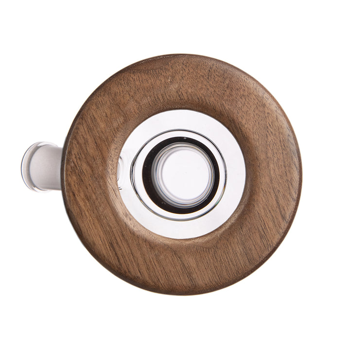 MJ Arsenal Alpine Palisade Water Pipe, top view wood base and glass connection