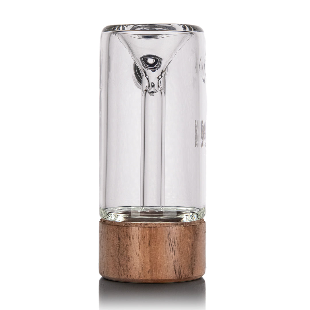 MJ Arsenal Steamboat Bubbler Alpine Series, side profile of glass chamber and wood base
