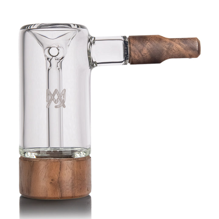 MJ Arsenal Steamboat Bubbler Alpine Series, angled view of glass body and walnut accent