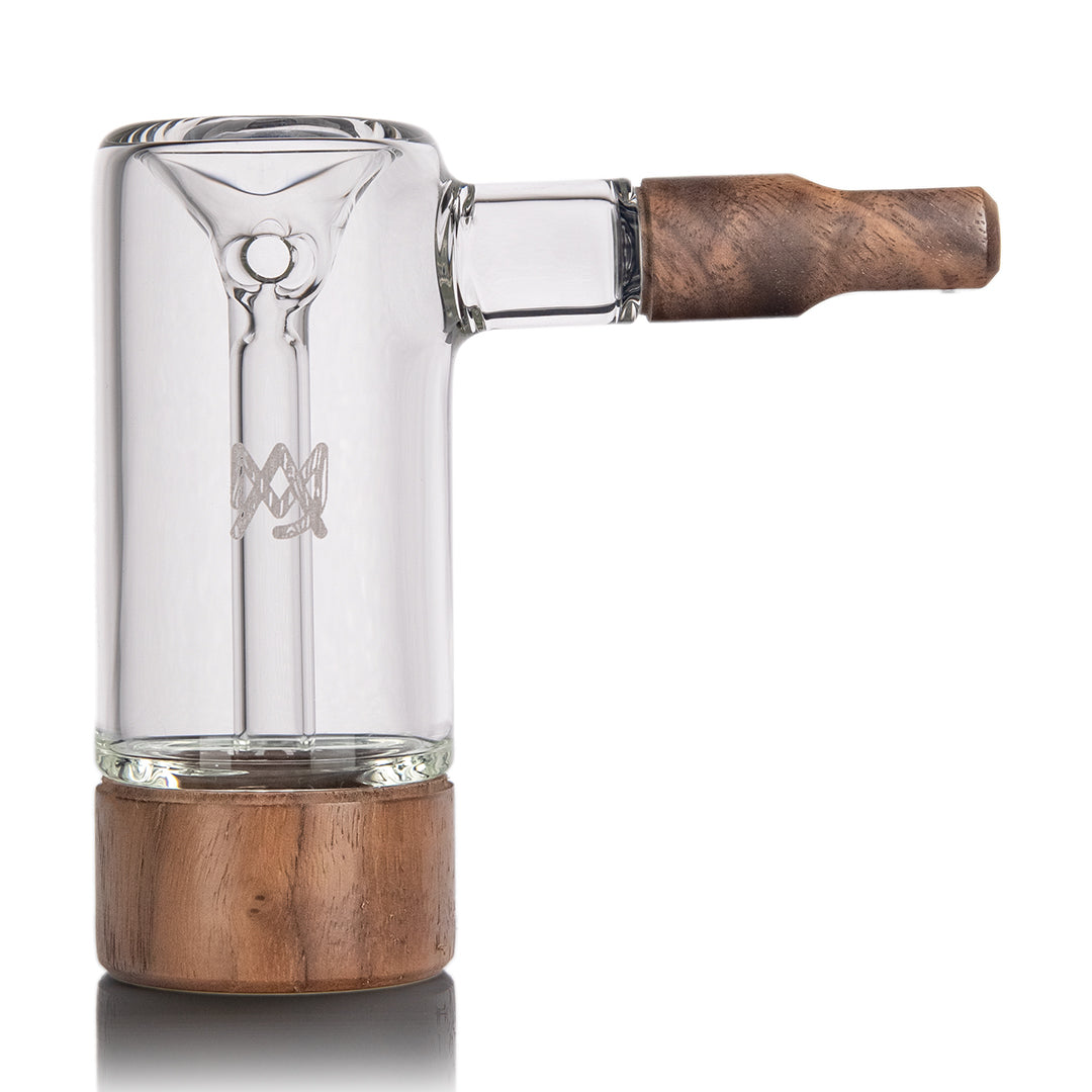MJ Arsenal Steamboat Bubbler Alpine Series, angled view of glass body and walnut accent
