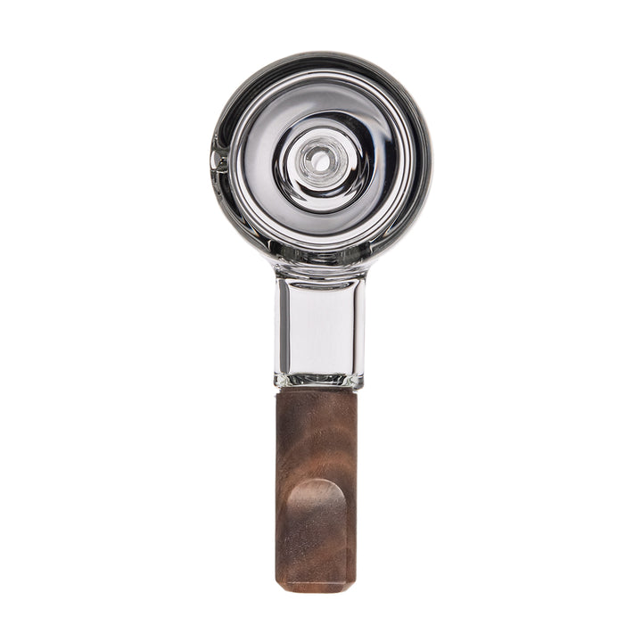 MJ Arsenal Steamboat Bubbler Alpine Series, rear view of glass and wood base