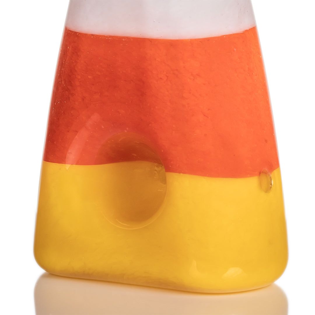 Bottom view of MJ Arsenal Candy Corn Pipe showing ergonomic carb placement and handblown glass craftsmanship