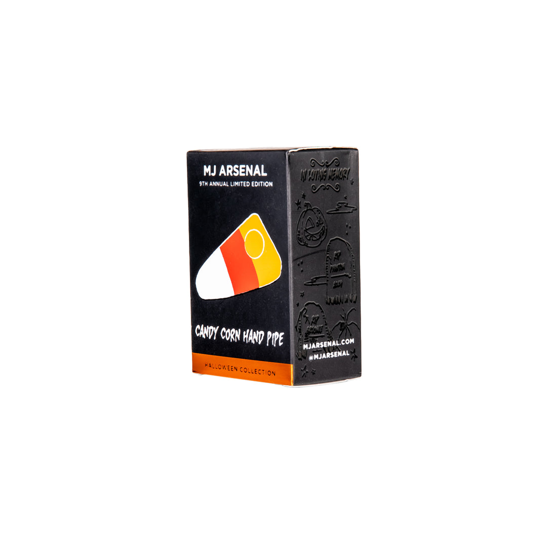 Front packaging of MJ Arsenal Candy Corn Pipe showing limited edition Halloween artwork and official branding