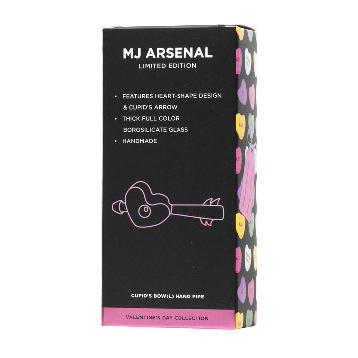 MJ Arsenal Cupid's Bowl Pipe — heart-themed glass hand pipe, angled view