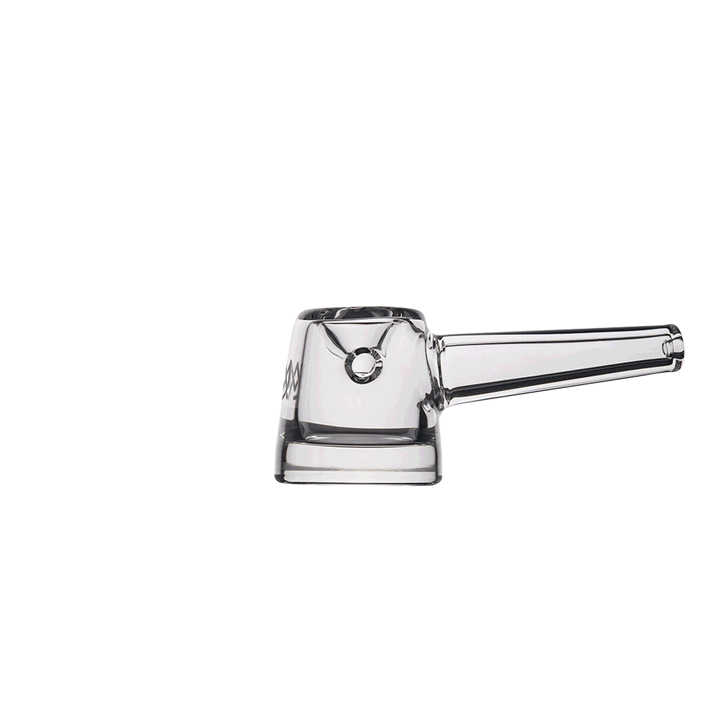 MJ Arsenal Deco Hand Pipe in Clear — 360-degree rotating animation showing the full art-deco profile, 20mm bowl, and left-side carb