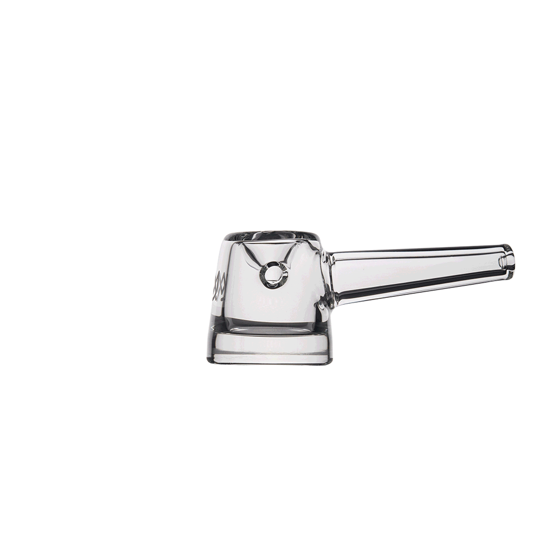 MJ Arsenal Deco Hand Pipe in Clear — 360-degree rotating animation showing the full art-deco profile, 20mm bowl, and left-side carb