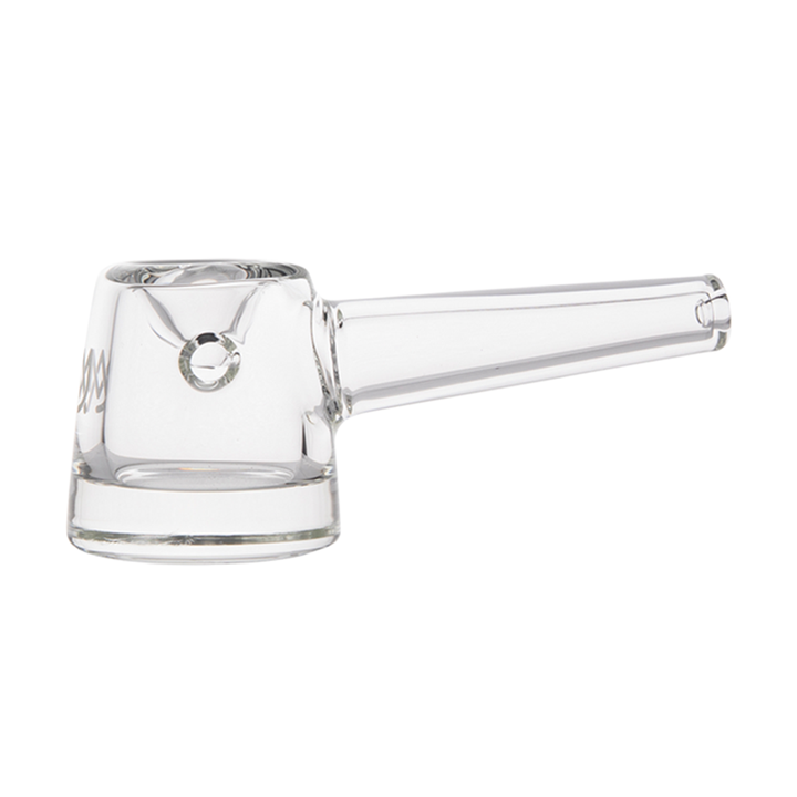 MJ Arsenal Deco Hand Pipe in Clear — showing the art-deco stepped profile, integrated stand, and 8mm thick base