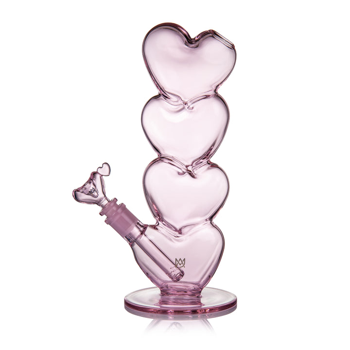 MJ Arsenal Evermore heart glass water pipe angled side view highlighting the stacked heart body and curved mouthpiece