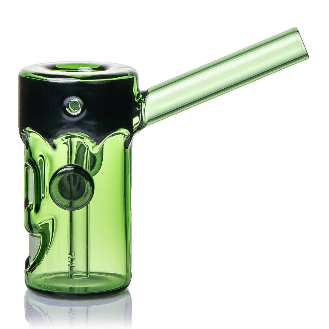 MJ Arsenal Frankenbubbler three-quarter view, showing the bowl and carb hole set into the black top, the MJ Arsenal mark on the side bolt, and the internal downstem visible through the green glass