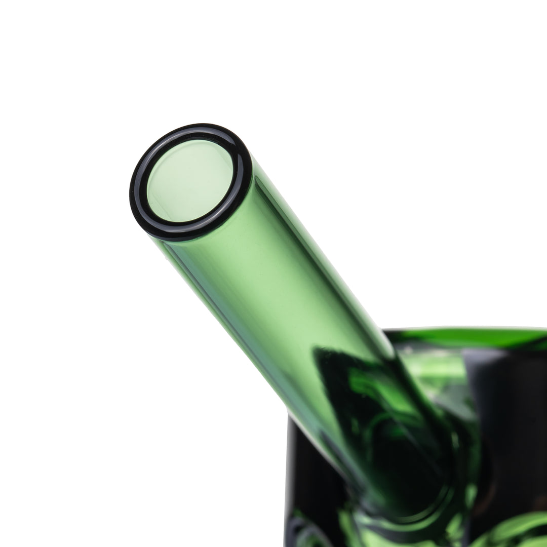 Close-up of the MJ Arsenal Frankenbubbler green glass mouthpiece opening