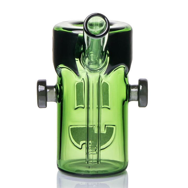 MJ Arsenal Frankenbubbler rear view, the green mouthpiece pointing toward the camera and the downstem visible through the glass