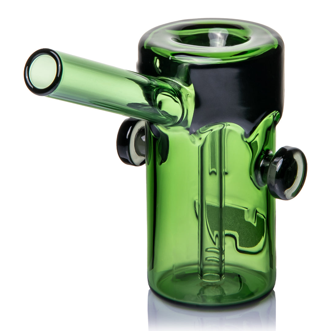 MJ Arsenal Frankenbubbler side profile, the green mouthpiece reaching out to the left past a black bolt