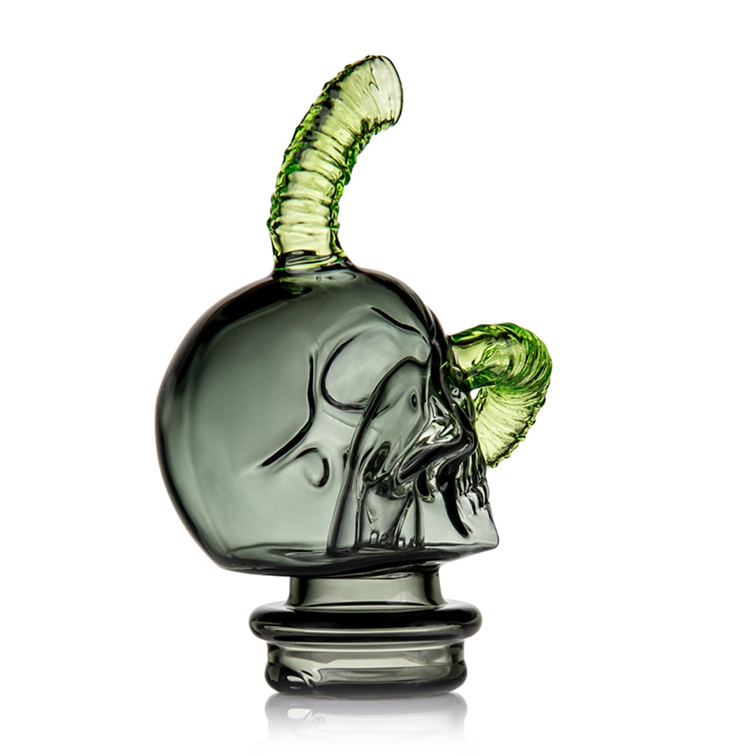 Back angle of Grim Ripper Peak Top by MJ Arsenal with detailed glass worm stem and translucent skull chamber