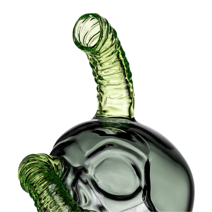 Detailed view of MJ Arsenal Grim Ripper Peak Top skull engraving and curved green worm stem