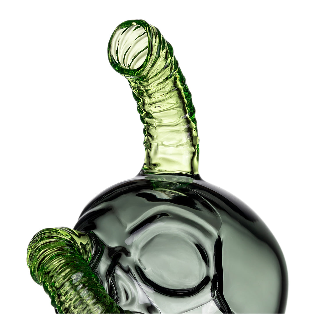 Detailed view of MJ Arsenal Grim Ripper Peak Top skull engraving and curved green worm stem