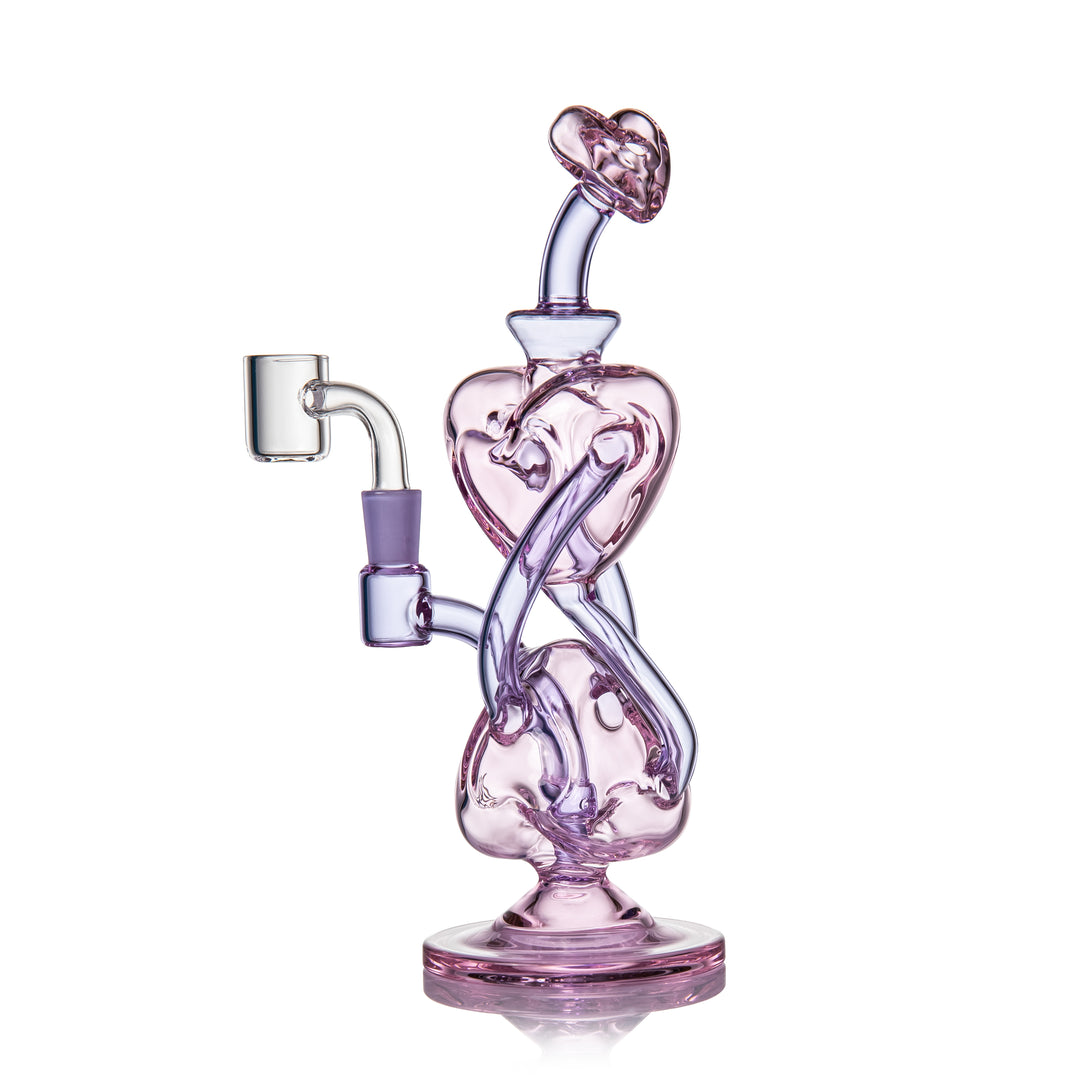 MJ Arsenal H2H Heart-2-Heart dab rig angled side view highlighting heart-shaped chambers and curved recycler arms