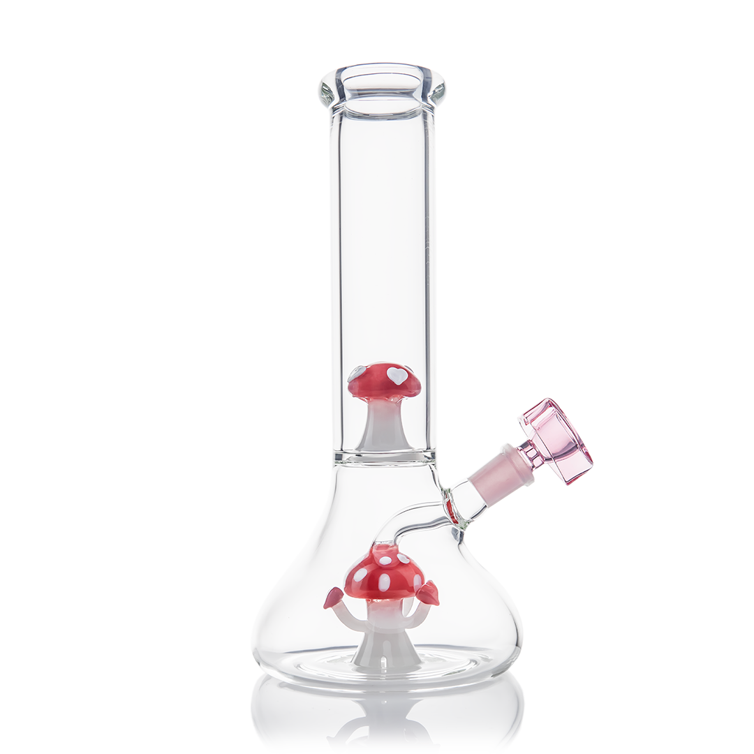 Side view of MJ Arsenal - Lovecap Water Pipe highlighting the dual mushroom percolators and pink heart-shaped bowl for smooth filtration.