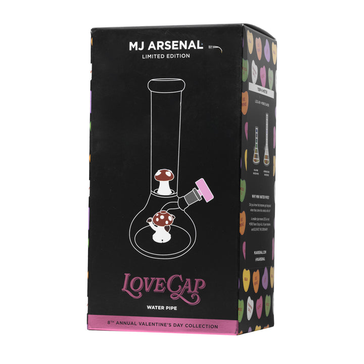 Back of MJ Arsenal - Lovecap Water Pipe packaging box displaying product features and limited edition Valentine's Day branding.