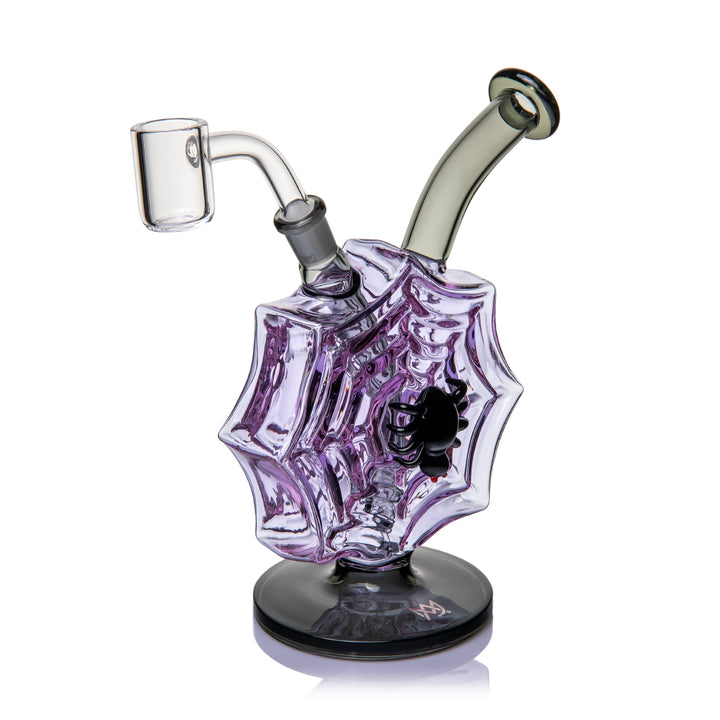 MJ Arsenal Nightcrawler Mini Dab Rig angled to show the spider standing out from the purple spiderweb body