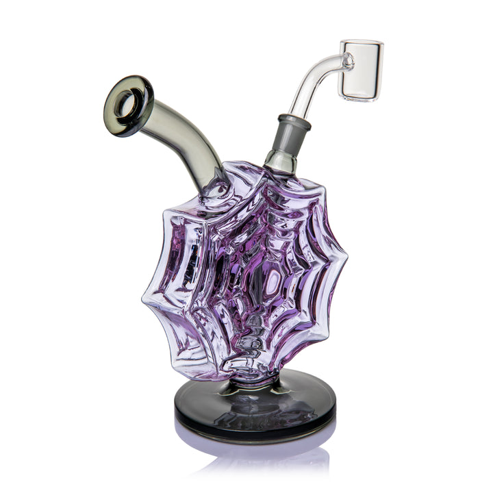 MJ Arsenal Nightcrawler Mini Dab Rig rear view of the purple spiderweb body, mouthpiece and banger rising from the top