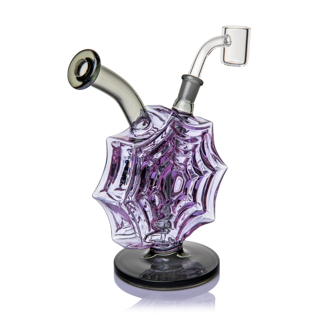 MJ Arsenal Nightcrawler Mini Dab Rig rear view of the purple spiderweb body, mouthpiece and banger rising from the top