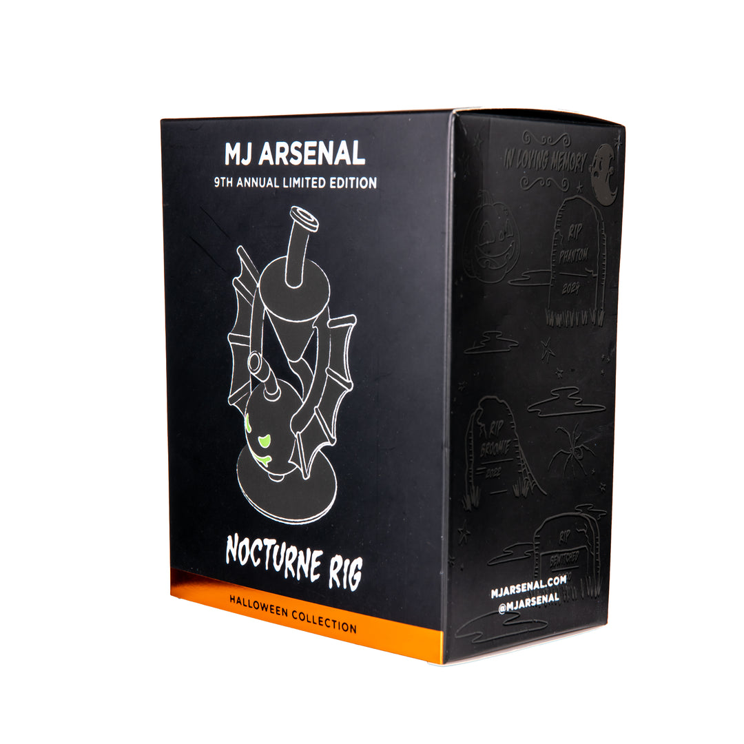 MJ Arsenal Nocturne Mini Dab Rig — glow-in-the-dark bat recycler, packaging box back