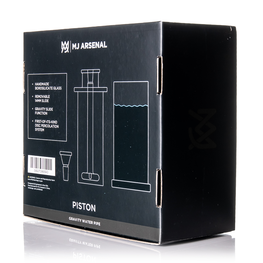 MJ Arsenal Piston Gravity Bong retail packaging, back of the box with specifications.
