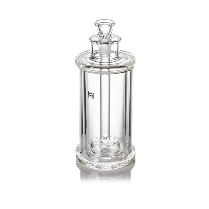 MJ Arsenal Piston Gravity Bong – top front angle with the 14mm slide seated in the core.