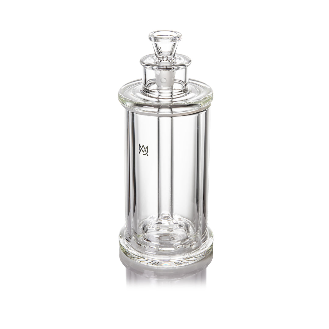 MJ Arsenal Piston Gravity Bong – top front angle with the 14mm slide seated in the core.