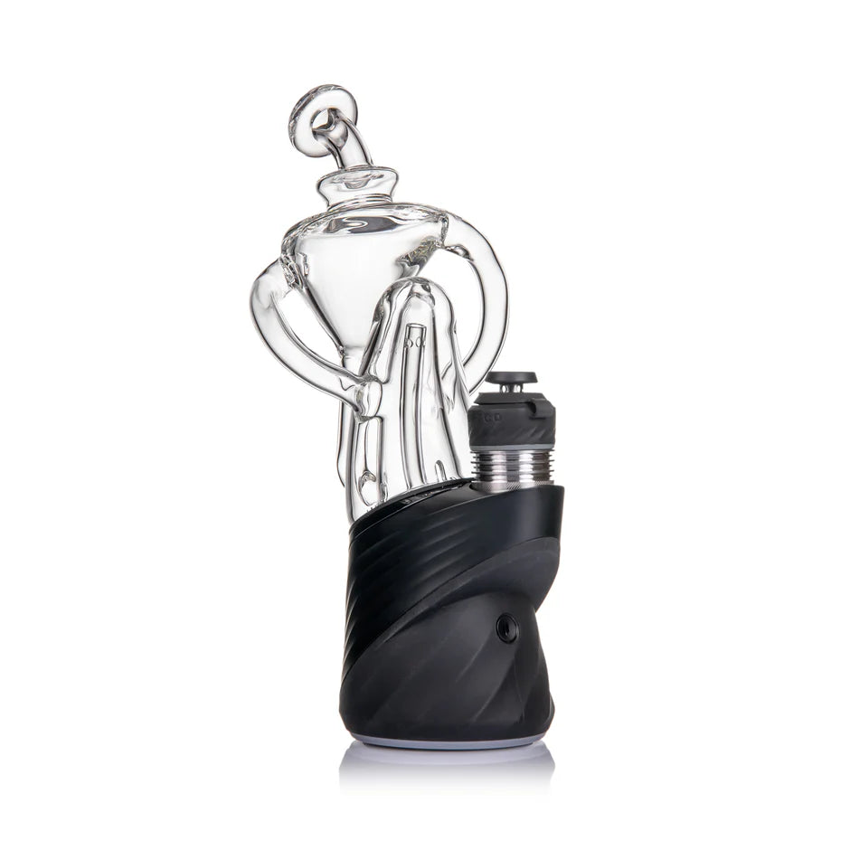 MJ Arsenal Tempest Peak attachment recycler glass full view installed on Puffco Peak showing dynamic multi-arm water movement design