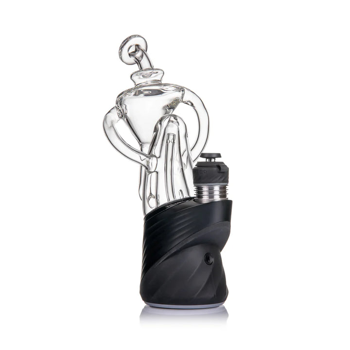 MJ Arsenal Tempest Peak attachment recycler glass full view installed on Puffco Peak showing dynamic multi-arm water movement design