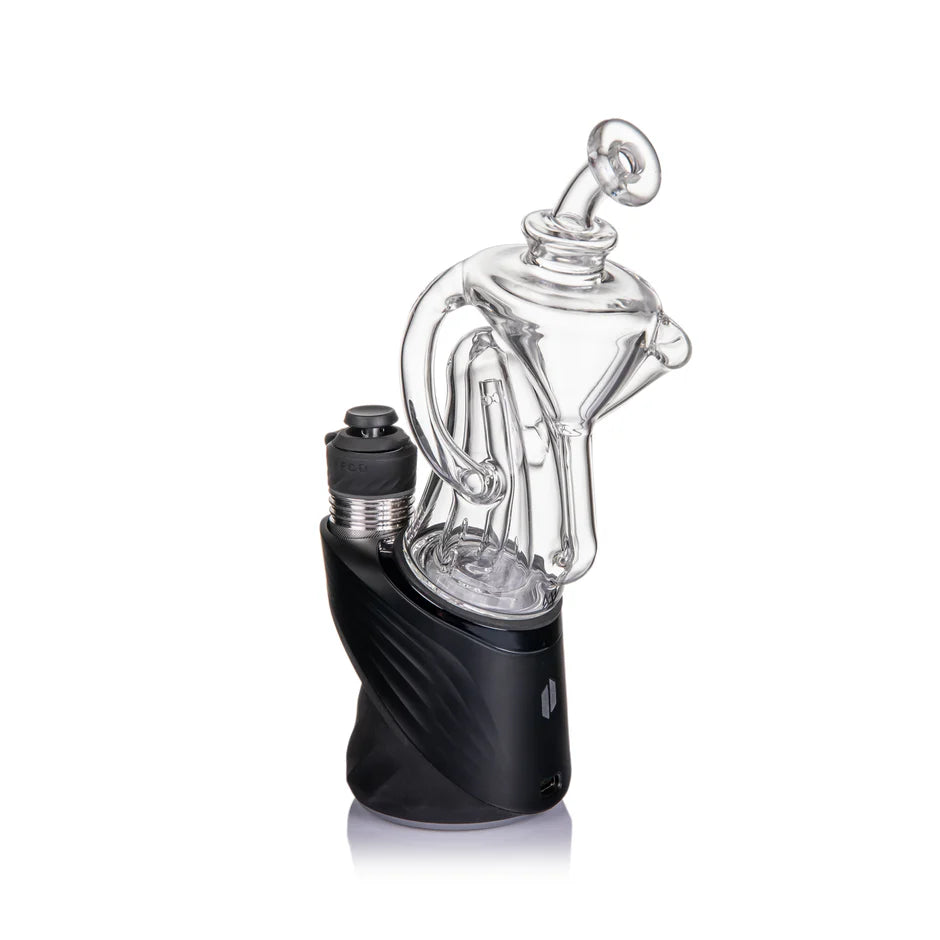 MJ Arsenal Tempest recycler glass on Puffco Peak angled side view highlighting swirling recycler function and airflow