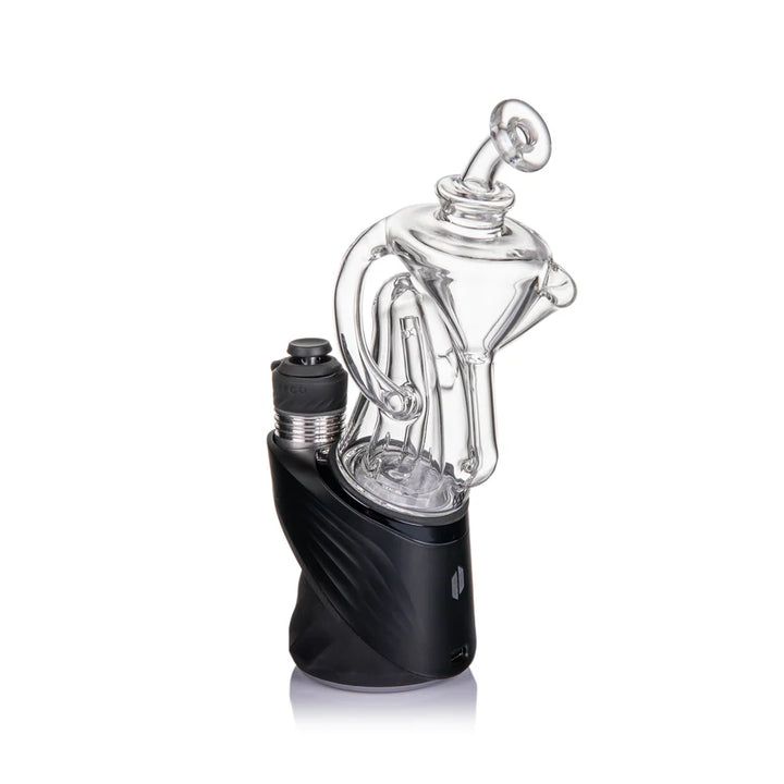 MJ Arsenal Tempest recycler glass on Puffco Peak angled side view highlighting swirling recycler function and airflow