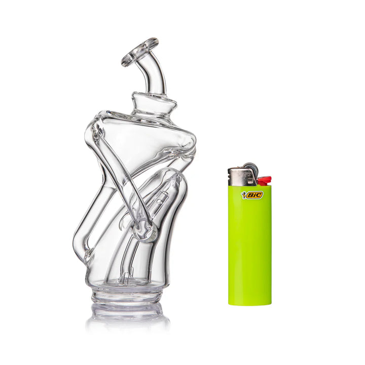 MJ Arsenal Tempest Peak recycler glass with lighter for size comparison compact Puffco Peak upgrade