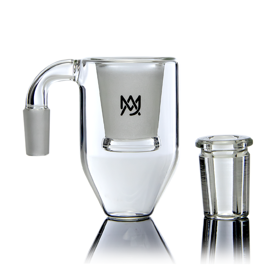 Close-up of MJ Arsenal Reclaim Catcher borosilicate glass build. Includes 14mm to 18mm reducer joint.