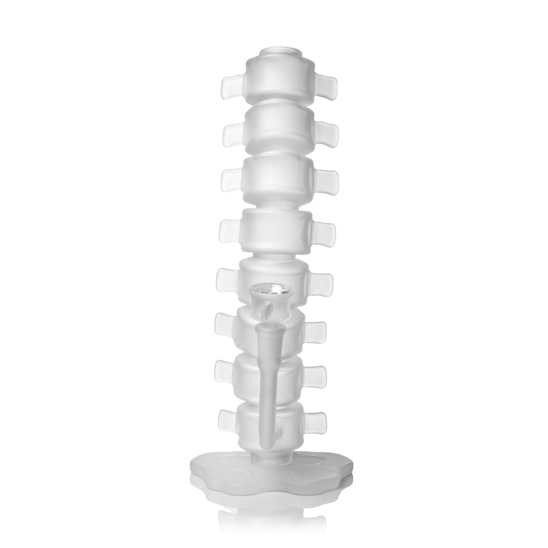 MJ Arsenal Skele-Tube Bong front view, eight frosted vertebrae with lateral bone processes and the internal stem visible running down into the flared bone-shaped foot