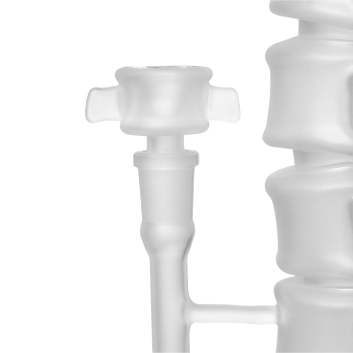 Close-up of the MJ Arsenal Skele-Tube Bong frosted flower bowl seated in the side joint beside the spine