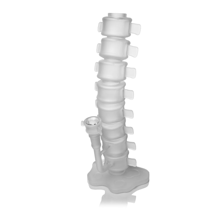 MJ Arsenal Skele-Tube Bong from a low angle, looking up the frosted spine column past the bowl and side joint