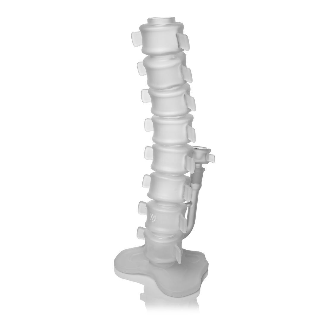 MJ Arsenal Skele-Tube Bong rear three-quarter view, the curve of the spine with the bowl set into the joint on the right